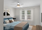 Thumbnail 6 of 35 - A bedroom with a bed, a ceiling fan, and a window with blinds. at Reflection Pointe, Mississippi, 39232