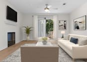 Thumbnail 2 of 35 - A living room with a white couch, a coffee table, a flat screen TV, and a ceiling fan. at Reflection Pointe, Flowood, 39232