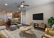 Thumbnail 12 of 52 - Spacious Living Room with Ceiling Fan and TV at The Cosmopolitan, Tulsa, OK, 74119