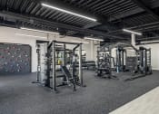 Thumbnail 12 of 20 - a gym with weights machines and a rock wall