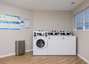 Thumbnail 34 of 58 - A wall of washing machines in a laundry room.