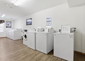 Thumbnail 22 of 66 - A row of washing machines in a laundromat.