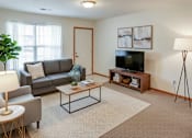 Thumbnail 20 of 20 - A living room with a grey couch, a coffee table, a television, and a floor lamp.