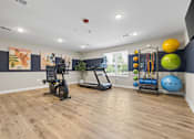 Thumbnail 6 of 31 - A home gym with a variety of exercise equipment.