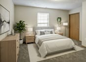 Thumbnail 20 of 23 - A bedroom with a large bed, nightstands, and a potted plant.