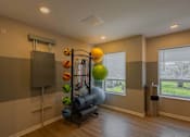 Thumbnail 27 of 32 - A gym room with a variety of equipment including a weight rack, exercise balls, and a squat rack.