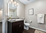 Thumbnail 39 of 40 - A bathroom with a white toilet, a sink, and a mirror.