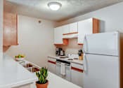 Thumbnail 25 of 26 - A kitchen with a white refrigerator and wooden cabinets.
