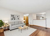 Thumbnail 64 of 64 - A living room with a grey couch, a white rug, and two framed pictures on the wall.