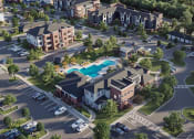 Thumbnail 15 of 25 - an aerial view of an urban neighbourhood with a swimming pool
