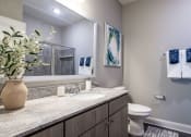 Thumbnail 11 of 28 - Model bathroom with grey sleek wood grain cabinets and brushed nickel fittings, granite marbleized looking counter and very large vanity.  Hand towels hanging and artwork behind the toilet. wood-like plank flooring and decorative rug.