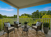Thumbnail 1 of 16 - A patio with a table and chairs with a view of trees.