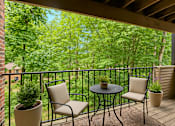 Thumbnail 4 of 23 - A patio with a table and chairs overlooking a green forest.