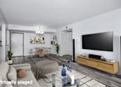 Thumbnail 12 of 53 - A modern living room with a grey sofa, a wooden coffee table, a TV, and a large window.