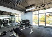 Thumbnail 21 of 33 - A gym with a variety of equipment including weights and dumbbells.