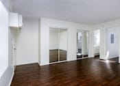 Thumbnail 25 of 28 - an empty living room with a hard wood floor and a mirrored closet