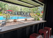 Thumbnail 10 of 24 - A row of red stools are lined up by a pool.