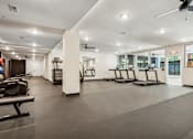 Thumbnail 51 of 57 - A spacious gym with treadmills, elliptical machines, and a ceiling fan.