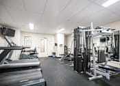 Thumbnail 6 of 11 - A gym with treadmills, weights, and exercise equipment.