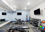 Thumbnail 6 of 28 - A gym with a variety of equipment including weights and exercise machines.