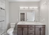 Thumbnail 30 of 76 - A bathroom with a white toilet, a sink, and a mirror.