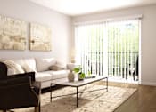 Thumbnail 3 of 3 - A living room with a white couch, a coffee table, and a painting on the wall.