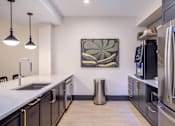Thumbnail 10 of 58 - A modern kitchen with a large painting on the wall.