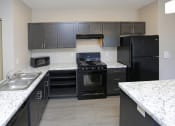 Thumbnail 28 of 32 - a kitchen with black cabinets and white granite countertops