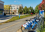 Thumbnail 24 of 36 - A row of blue bikes are parked on the side of a street.