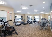 Thumbnail 17 of 36 - A gym with a variety of exercise equipment including treadmills, stationary bikes, and weight machines.