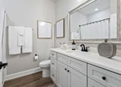 Thumbnail 30 of 52 - A bathroom with a white toilet, sink, and mirror at Ovation at Town Madison, Madison, Alabama