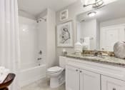 Thumbnail 13 of 15 - Vernon Hills, IL Luxury Apartments - The Oaks of Vernon Hills - Bathroom With A Large Vanity Mirror, Tile-Inspired Flooring, Granite Countertop, A Toilet, And A Shower With Tub