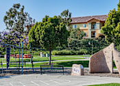 Thumbnail 19 of 30 - A playground with a climbing structure and a slide in front of a building.