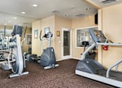 Thumbnail 16 of 30 - A gym with treadmills, elliptical machines, and other exercise equipment.