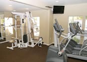 Thumbnail 24 of 30 - A gym with a variety of equipment including treadmills, weights, and a television.
