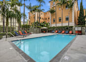 Thumbnail 1 of 30 - A pool surrounded by palm trees and lounge chairs.