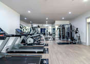 Thumbnail 9 of 14 - A spacious gym with a variety of equipment including treadmills, elliptical machines, and weight machines.