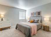 Thumbnail 12 of 31 - Mountain Park, OR, Apartments - MiLO - Mountain Park, OR Apartments - Spacious Bedroom With Plush Carpet Flooring, Bed, Nightstands with Lamps, Dresser, And Window.