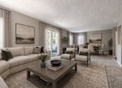Thumbnail 3 of 9 - A living room with a sofa, chairs, and a coffee table.