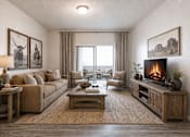 Thumbnail 19 of 33 - Living room with rustic decor and fireplace at Silver Ridge Apartments, Idaho