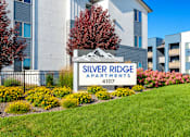 Thumbnail 1 of 33 - Monument sign with mountain graphic and yellow flowers at Silver Ridge Apartments, Meridian