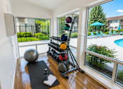 Thumbnail 8 of 17 - A room with a fitness equipment set up on the floor.