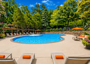 Thumbnail 7 of 15 - A large swimming pool surrounded by orange lounge chairs and trees.