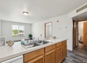 Thumbnail 6 of 31 - Apartment kitchen with a double-basin stainless steel sink, wooden cabinetry, and a white countertop. The open-concept design connects to a bright living area with a large window, and a hallway leading to a bathroom with wood-style flooring throughout
