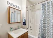 Thumbnail 14 of 31 - a bathroom with a shower and a sink and a mirror