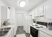 Thumbnail 6 of 20 - A kitchen with white cabinets and a black stove top oven.