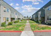 Thumbnail 25 of 32 - a pathway between two rows of houses with grass