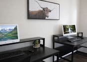 Thumbnail 10 of 13 - A black desk with two monitors and a picture of a bull on the wall.
