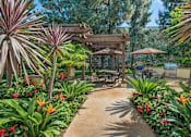 Thumbnail 5 of 16 - A garden with a walkway and a wooden pergola.