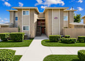 Thumbnail 4 of 21 - A beige two-story house with a driveway and green bushes.